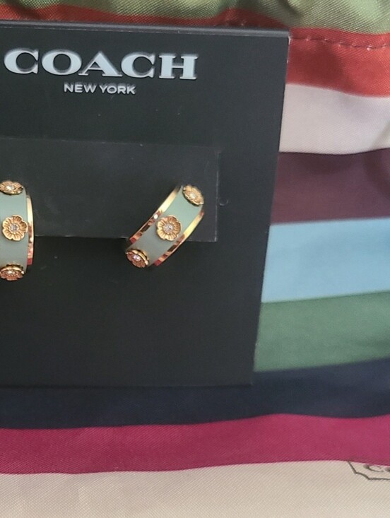 Coach Jewelry - Coach Sage Green Enamel Hoop Earrings with Gold Tea Rose Accents